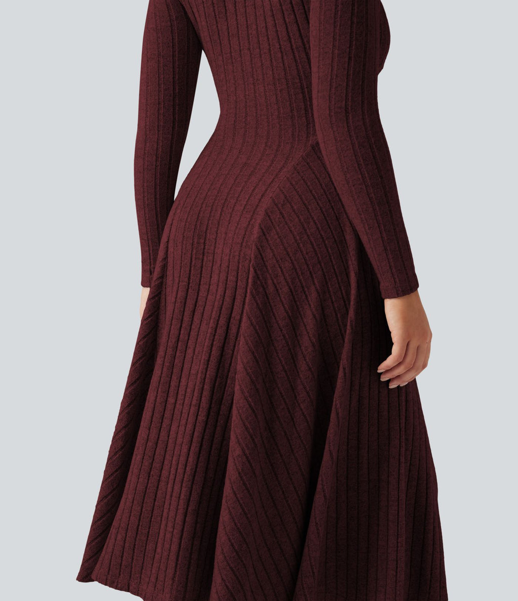 Robe mi-longue évasée maille côtelée à décolleté en V et manches longues