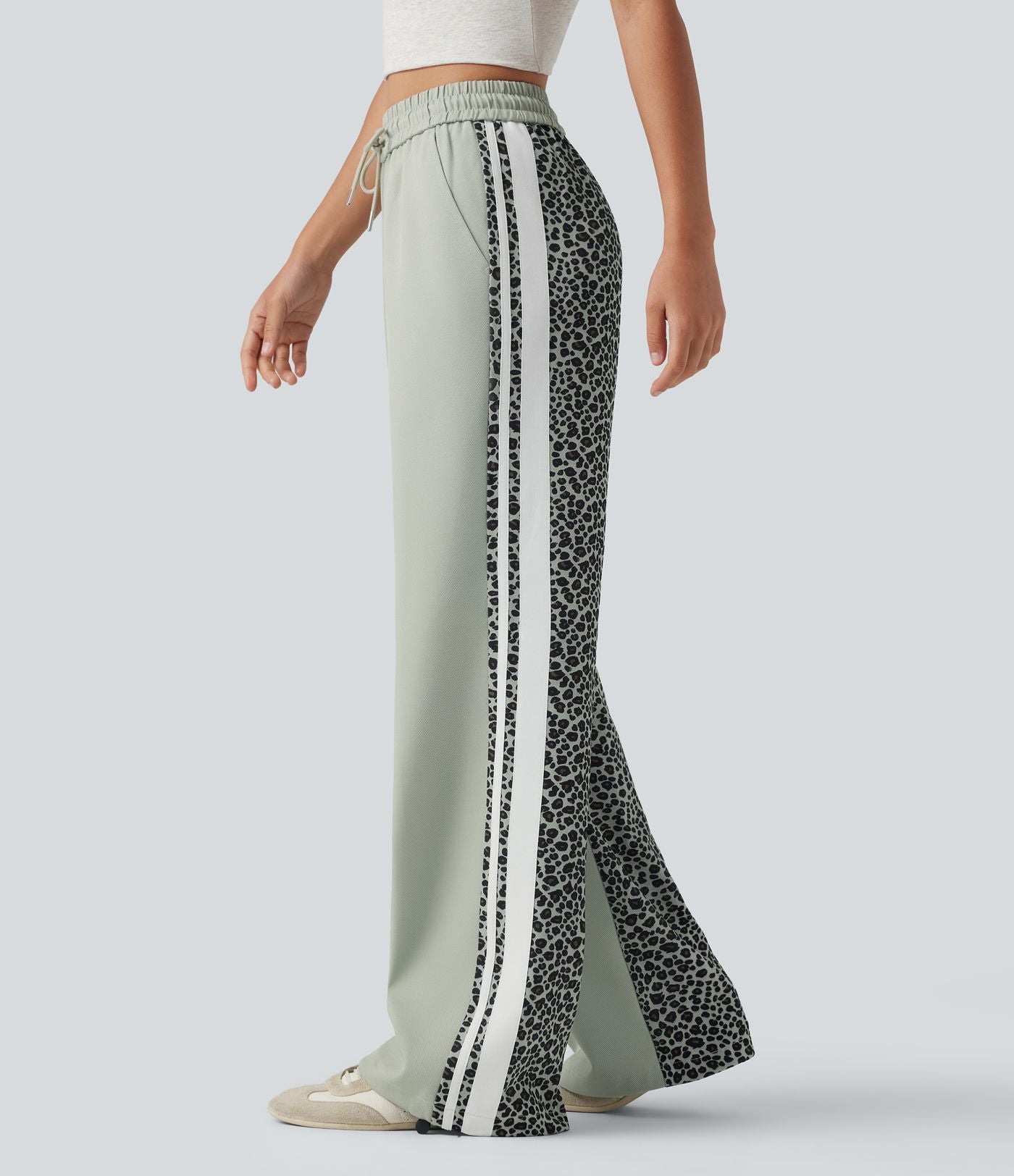 Pantalon ample décontracté taille mi-haute avec cordon de serrage color block rayures léopard contrastant avec poches