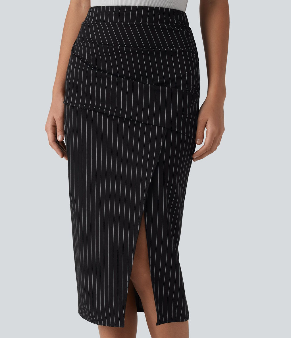 Jupe midi moulante tailleur taille haute croisée à rayures et ourlet fendu