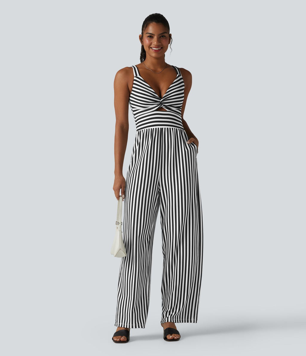 Combinaison casual sans manches à rayures en nid d'abeille torsadée froncée fermeture éclair invisible avec soutien-gorge intégré et poches - Easy Peasy