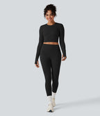 Top de sport yoga court Halara UltraSculpt™ col rond manches longues avec trous pouces