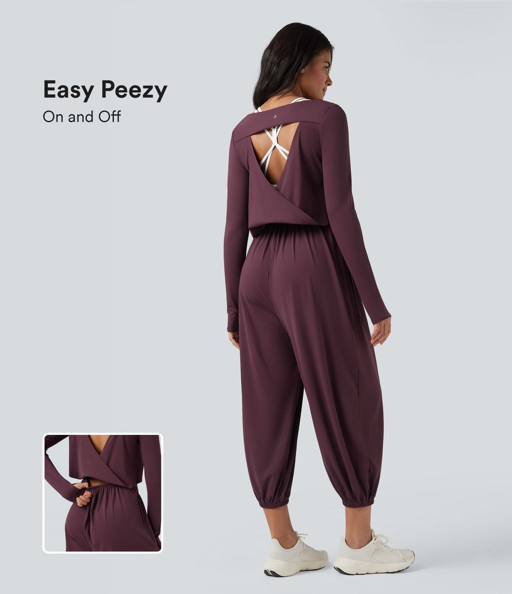 Combinaison de yoga SoftlyZero™ aérée dos découpé manches longues à trous pouces avec poches - Easy Peasy