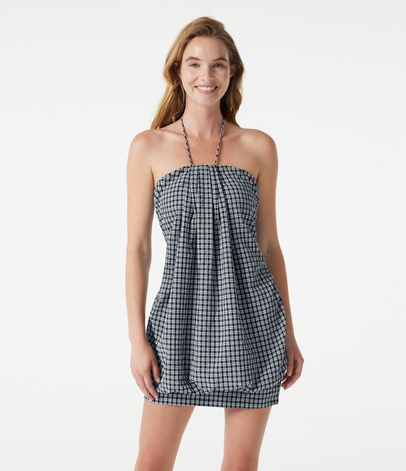 Robe micro-mini de plage moulante à carreaux vichy col halter avec brassière intégrée et lien noué au dos