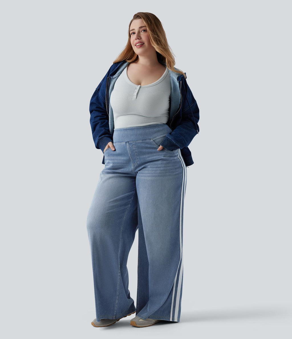Halara Flex™ Jean large fluide taille haute à rayures délavé décontracté grande taille avec poches