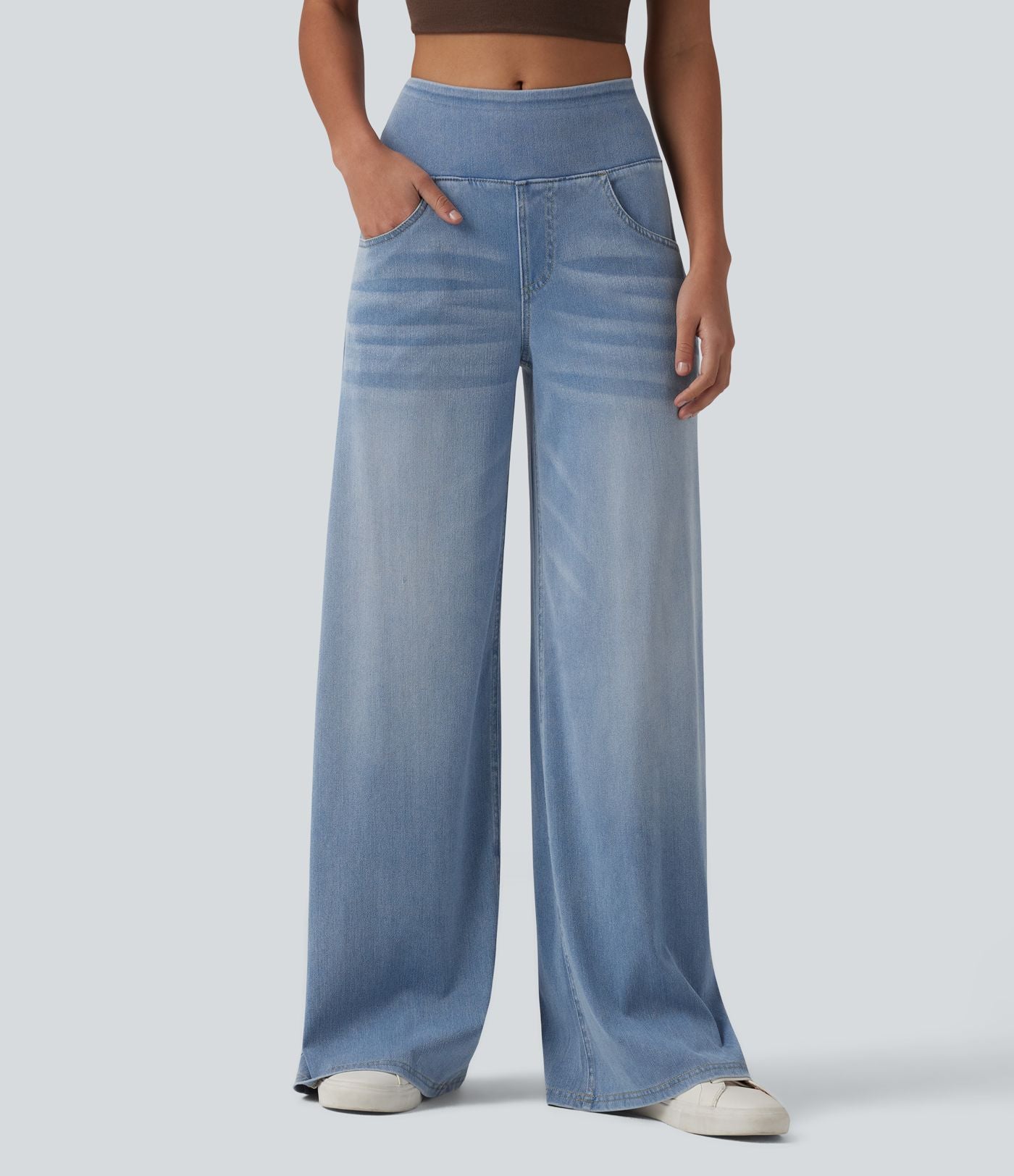 Halara Flex™ Jean large casual baggy taille mi-haute en lyocell drapé effet délavé, avec poches