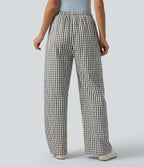 Pantalon large décontracté à carreaux taille mi-haute avec cordon de serrage et poches