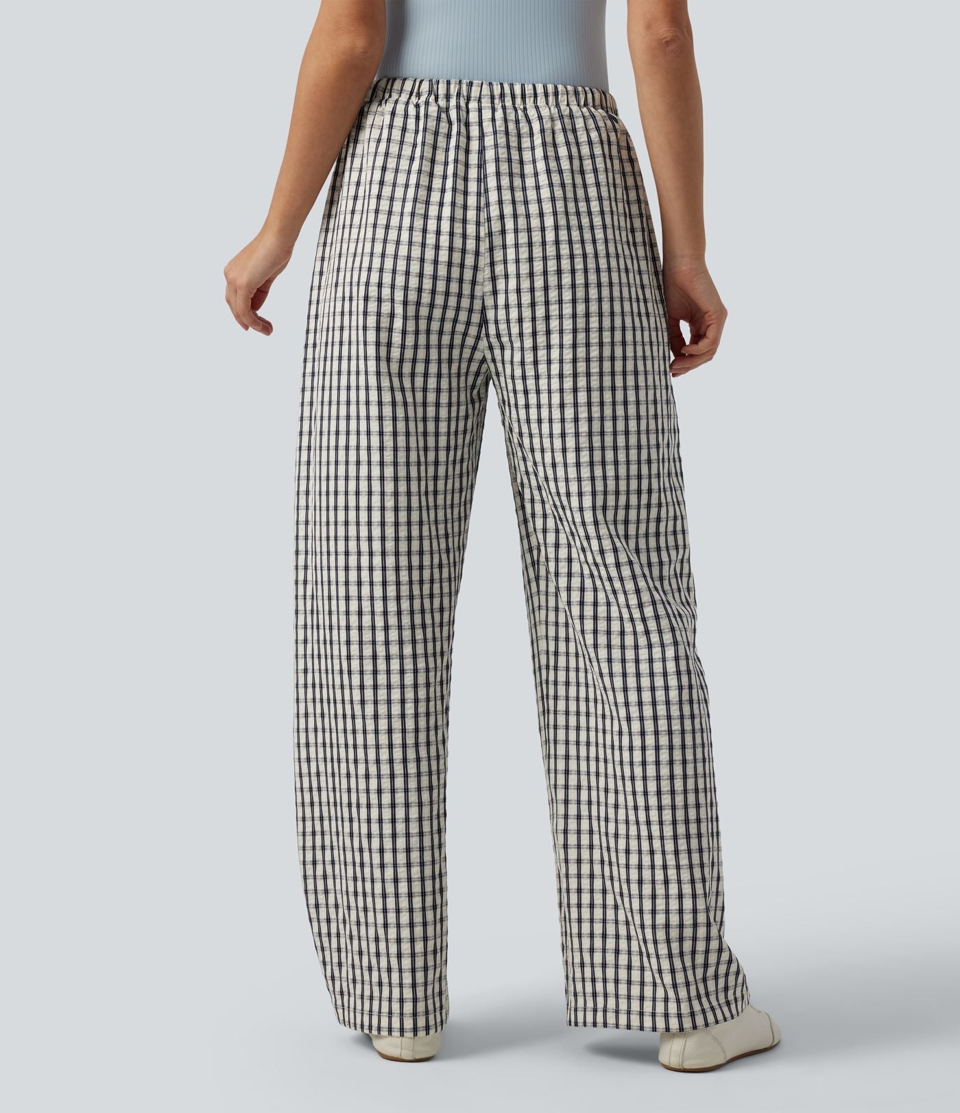 Pantalon large décontracté à carreaux taille mi-haute avec cordon de serrage et poches