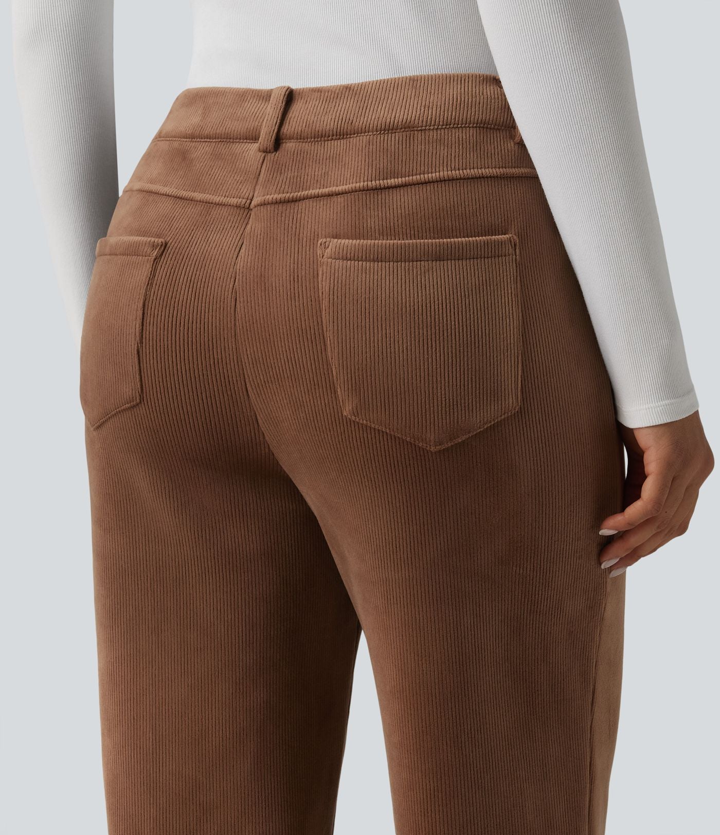 Pantalon droit casual en velours côtelé molletonné taille mi-haute avec poches