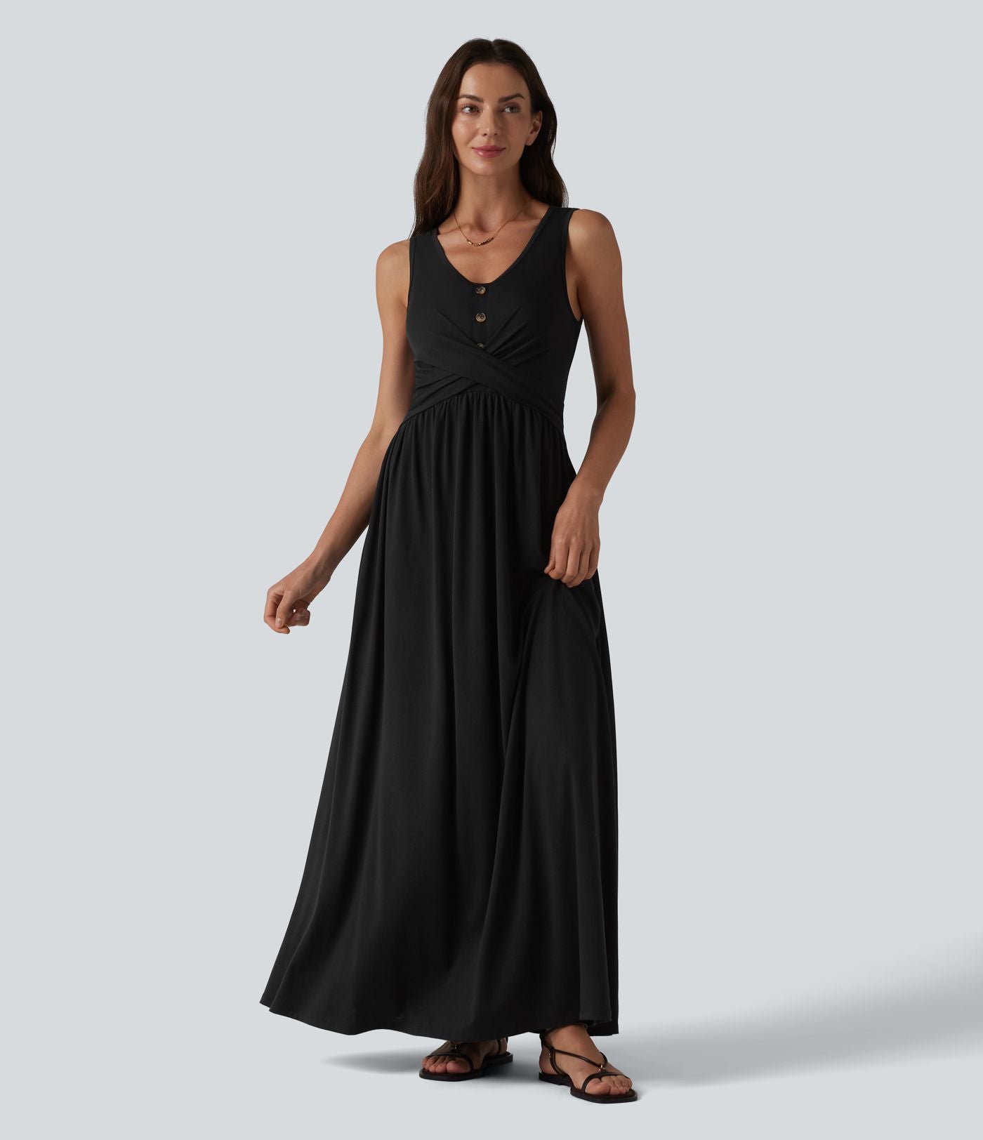 Robe longue fluide décontractée à col en U, sans manches et croisée, avec poches