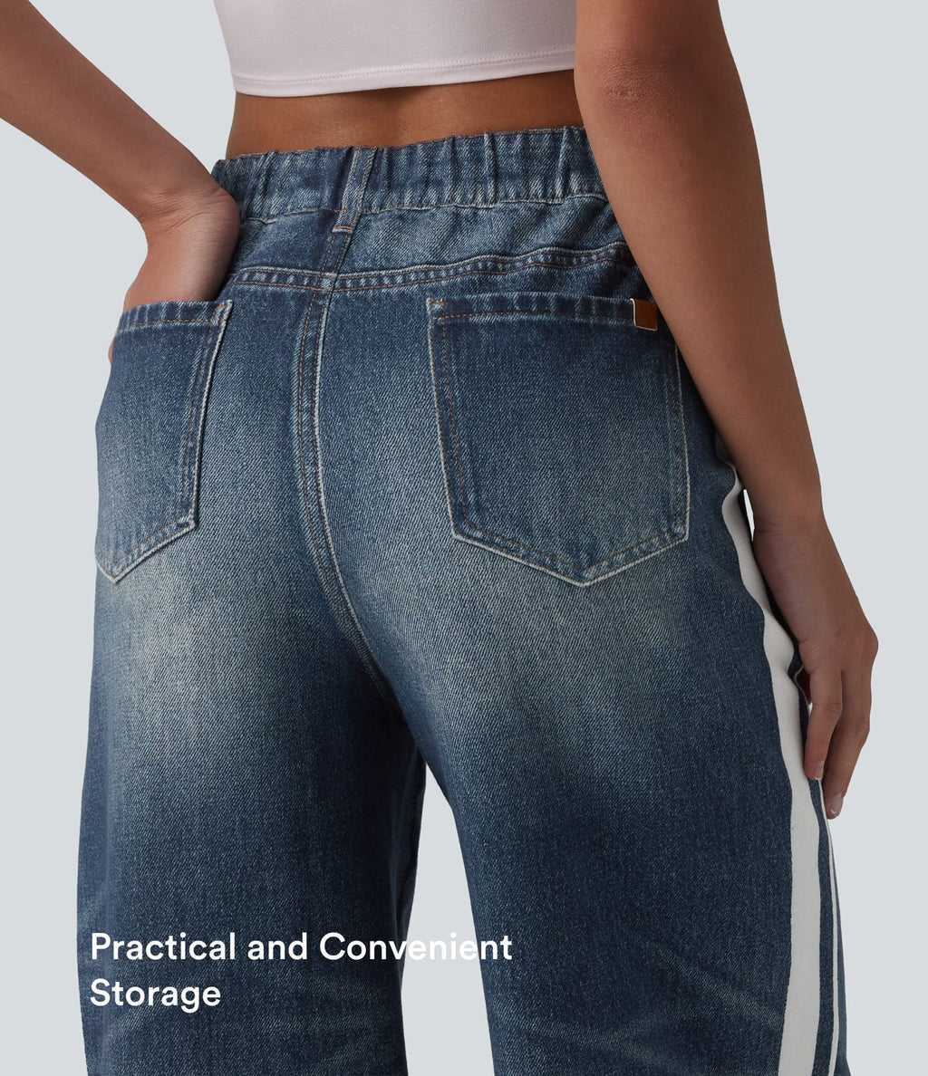 Jean de survêtement décontracté à rayures en tissu éponge français imprimé denim taille mi-haute avec poches