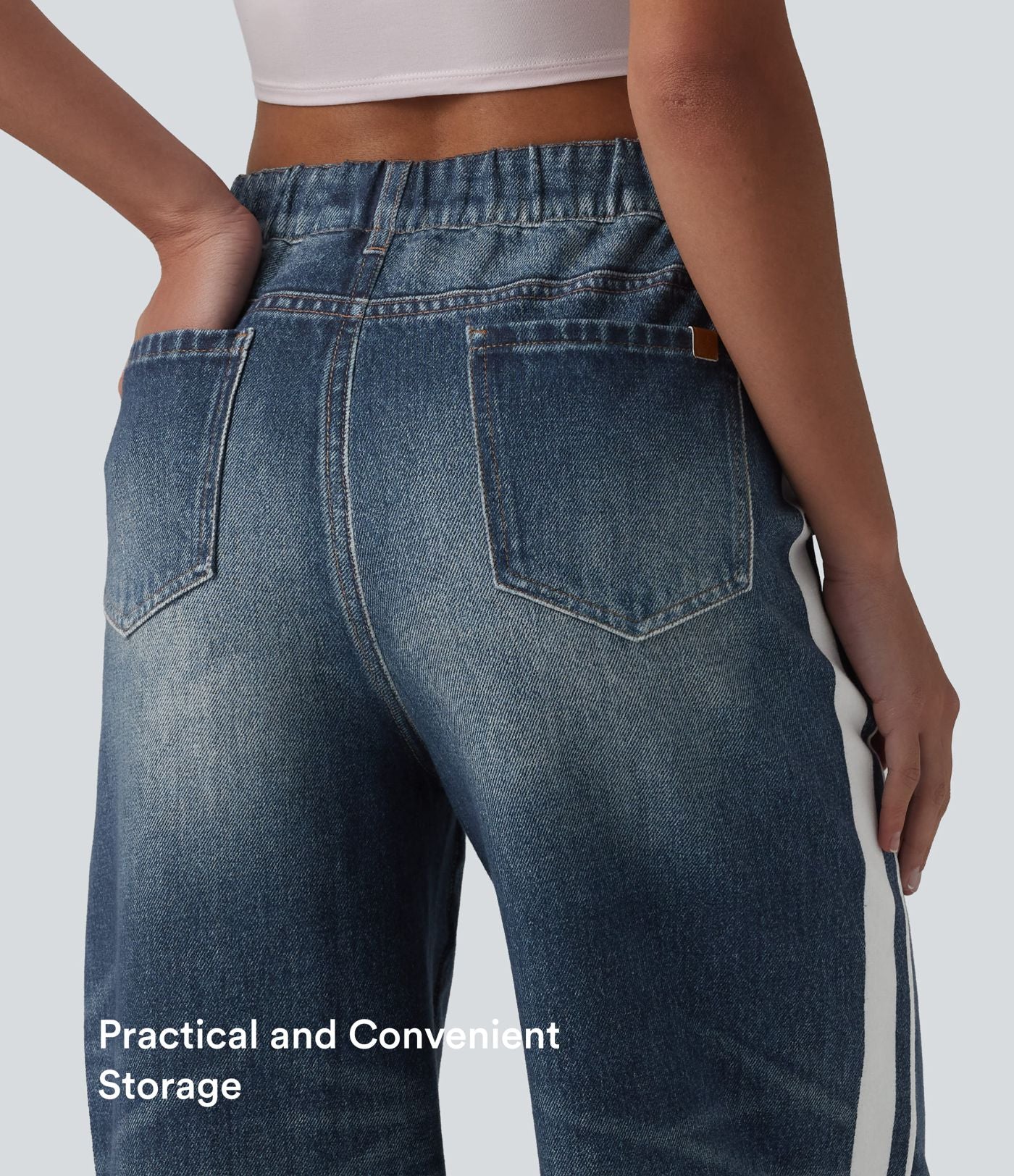 Jean de survêtement décontracté à rayures en tissu éponge français imprimé denim taille mi-haute avec poches