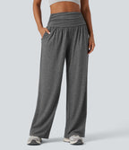 Pantalon de yoga large froncé chiné taille haute avec poches