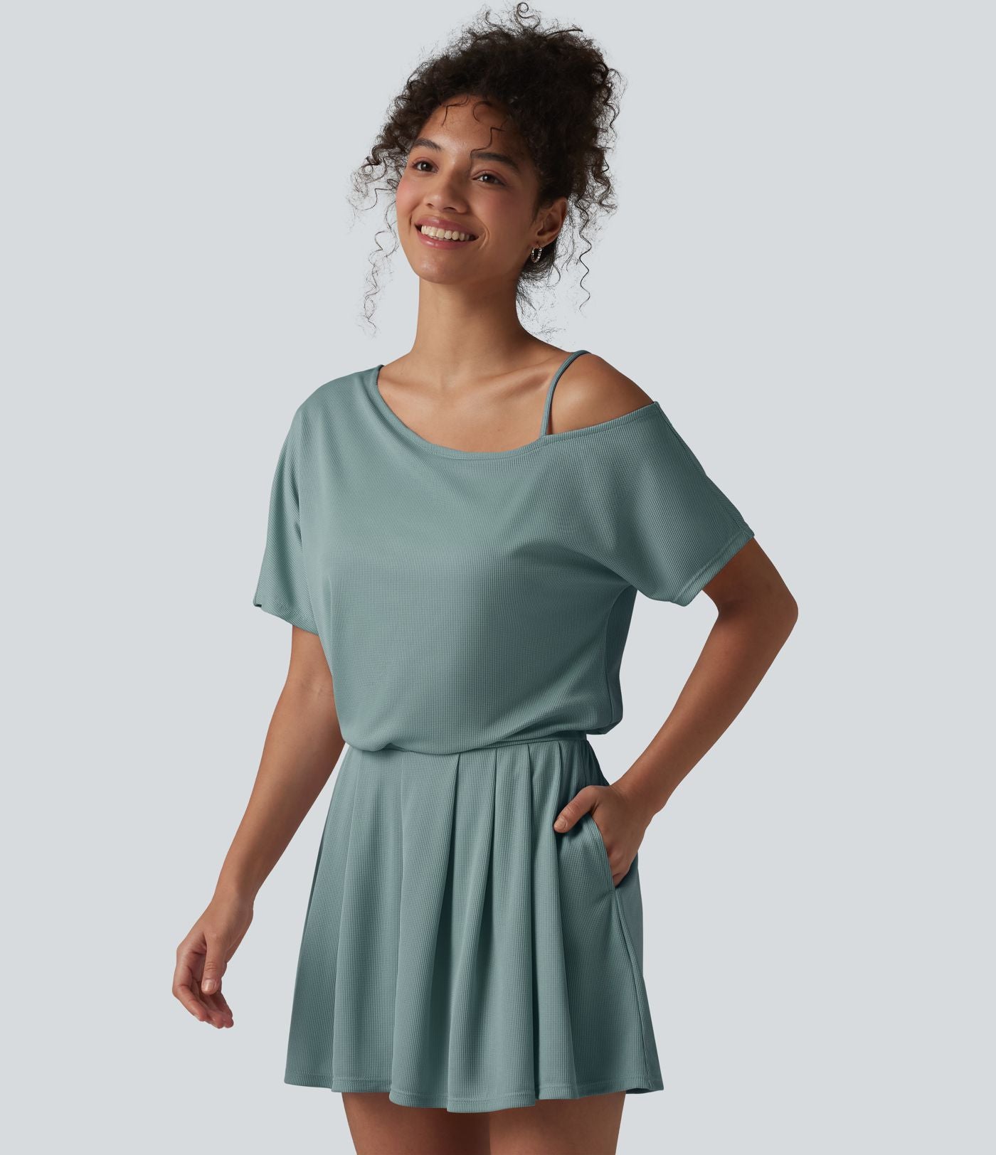Combishort casual asymétrique manches courtes plissé en nid d'abeille avec poches - Édition Easy Peasy