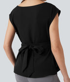 Blouse esprit bureau défroissage facile sans manches, encolure bateau et lien au dos