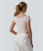 T-shirt casual court col cœur manches courtes en dentelle