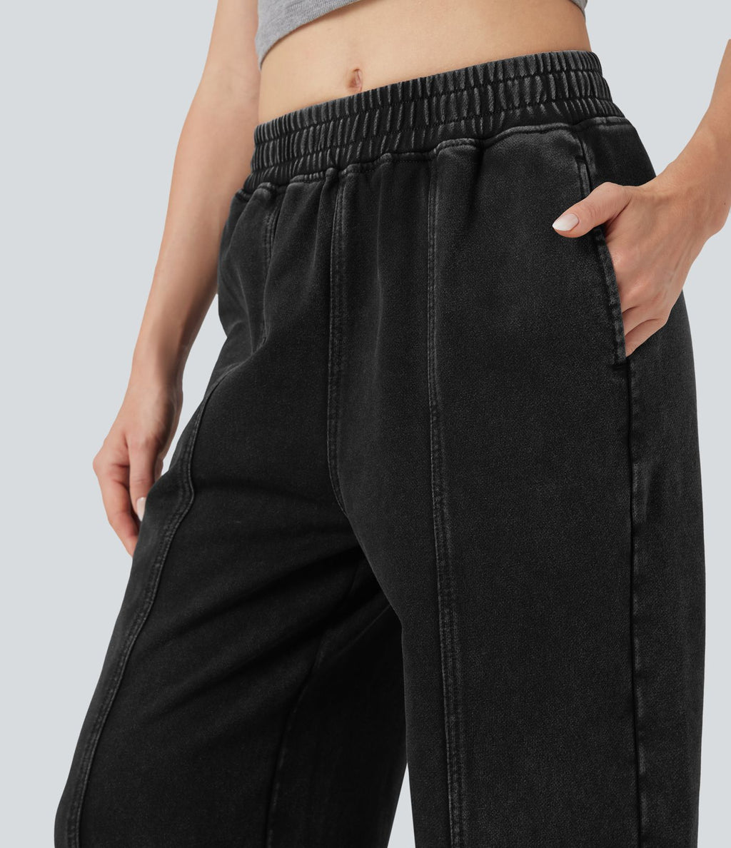 Pantalon jogging coton molleton français délavé taille mi-haute avec poches