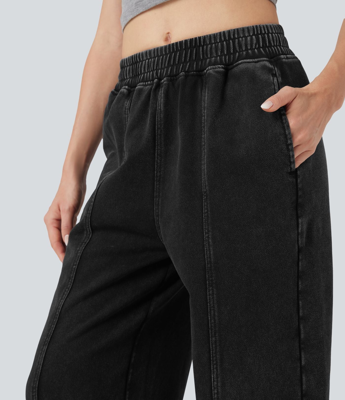 Pantalon jogging coton molleton français délavé taille mi-haute avec poches