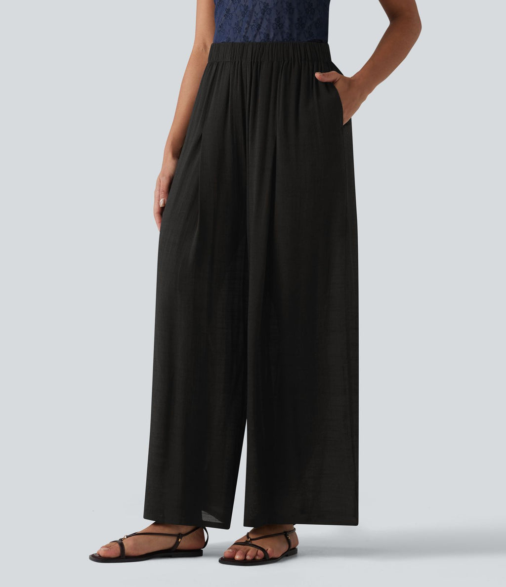 Pantalon large fluide décontracté taille haute aspect lin avec poches