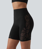Short cycliste de yoga Halara UltraSculpt™ taille haute ventre plat en dentelle contrastée, 17,5 cm, avec poche