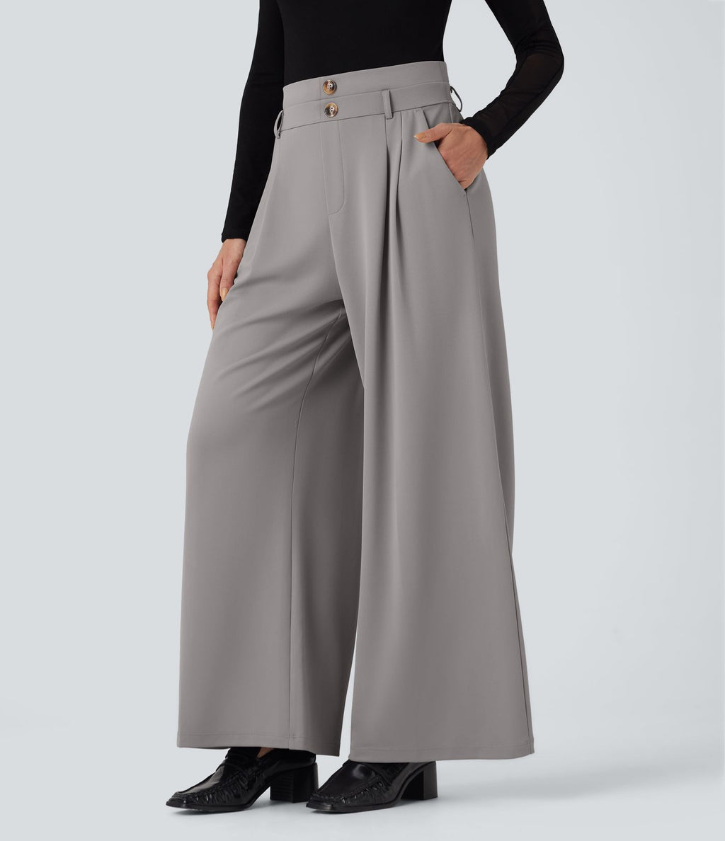 Pantalon de travail en crêpe à taille haute et jambes larges avec double ceinture et poches Halara Flex™