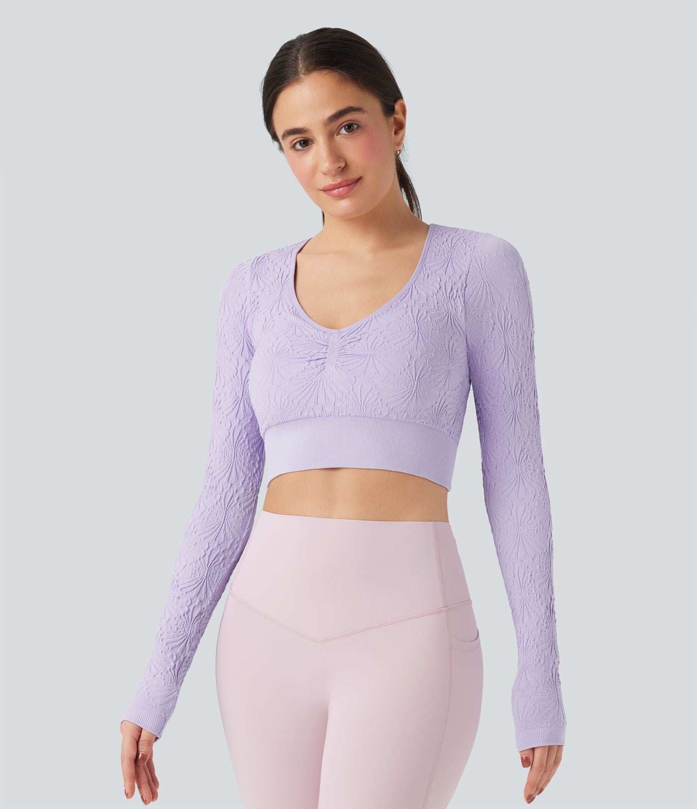 Haut de sport yoga court ajusté jacquard à manches longues sans couture OneForm Seamless Flow