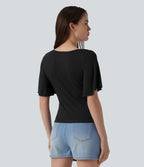 T-shirt décontracté maille côtelée col carré manches papillon froncé