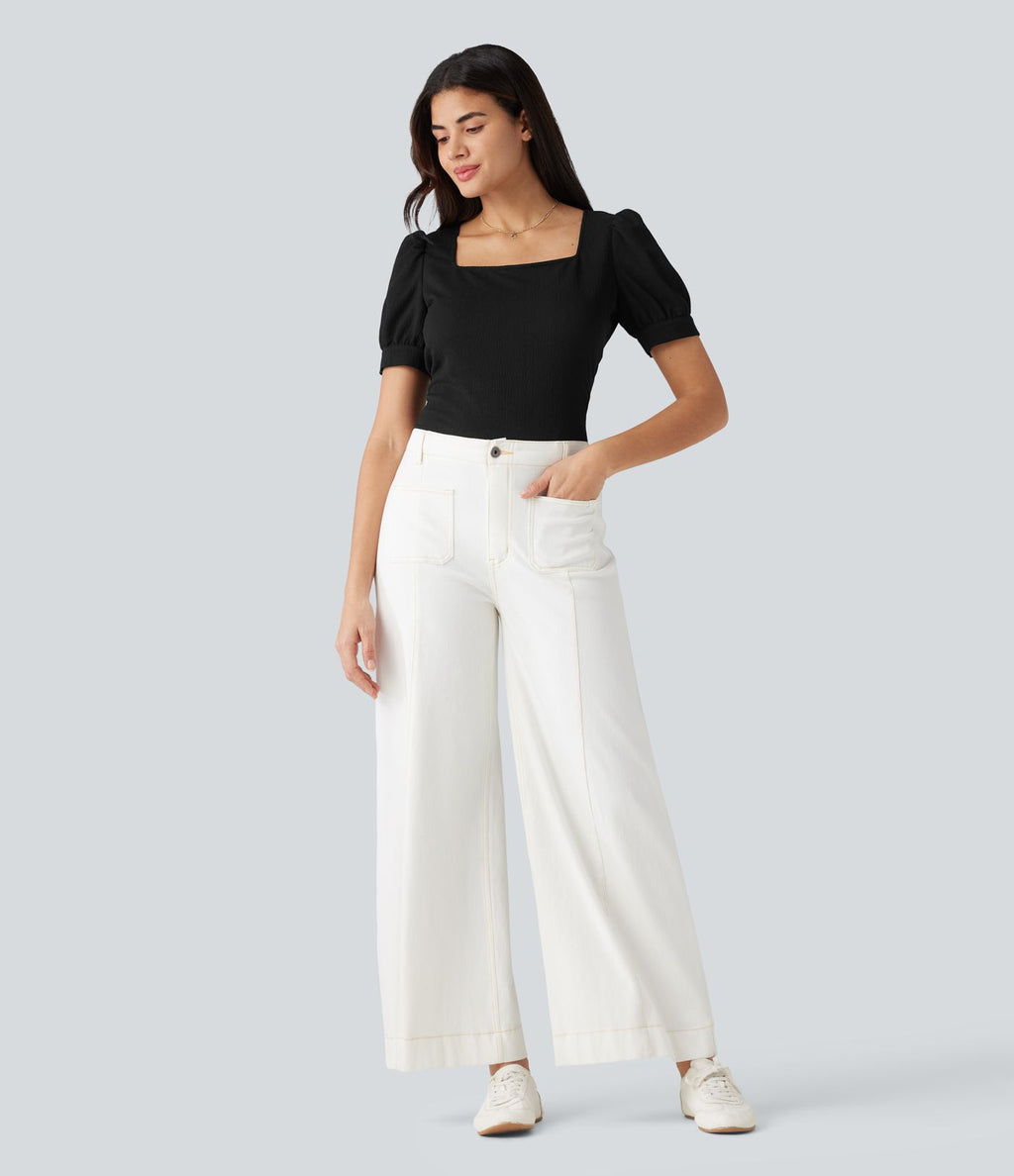 Blouse habillée col carré à manches bouffantes et tissu texturé