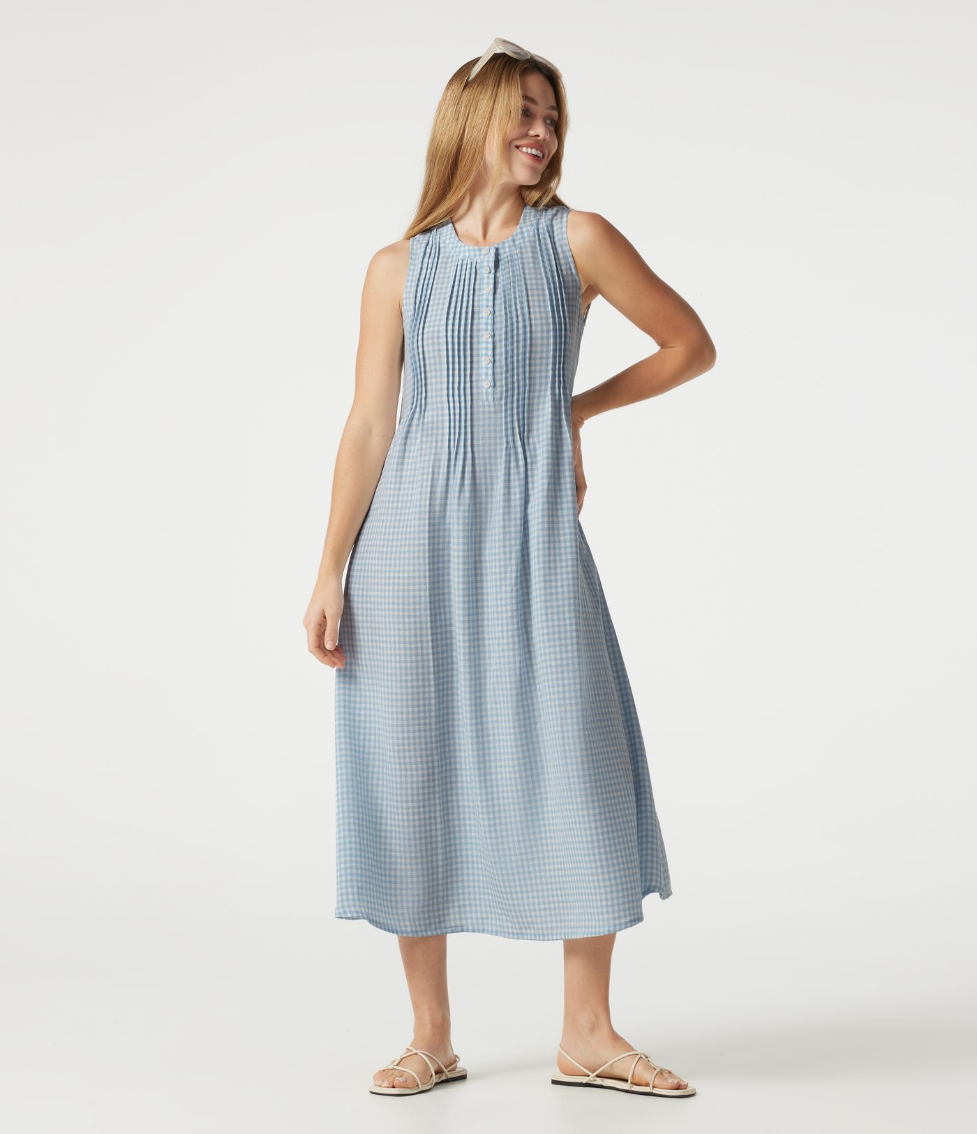 Robe casual midi à carreaux toucher lin col rond sans manches à poches
