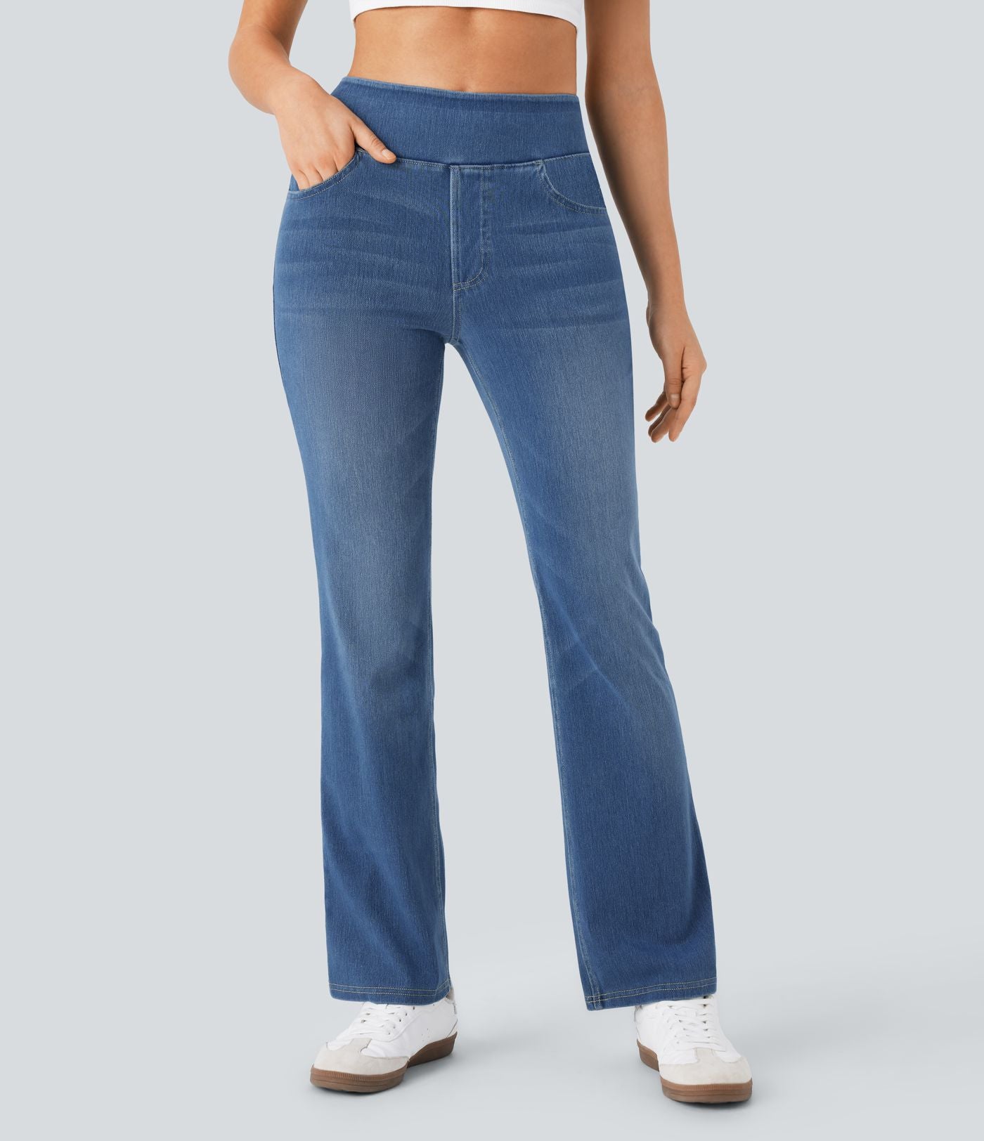 Halara Flex™ Jean bootcut décontracté extensible délavé taille haute à poches multiples