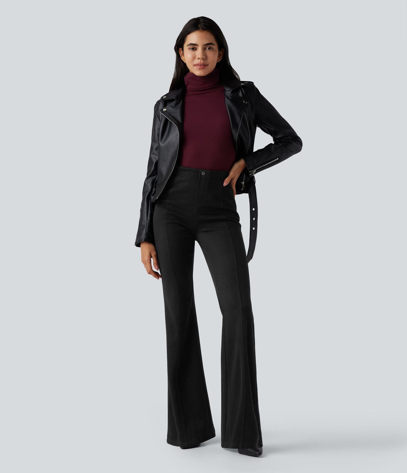Pantalon  taille haute décontracté évasé côtelé gainant