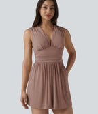 Combishort casual côtelé sans manches col V, fronces et soutien-gorge intégré, avec poches – Easy Peasy