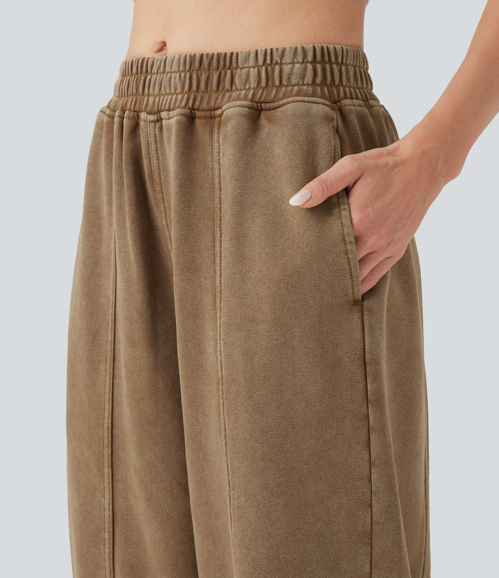 Pantalon jogging coton molleton français délavé taille mi-haute avec poches