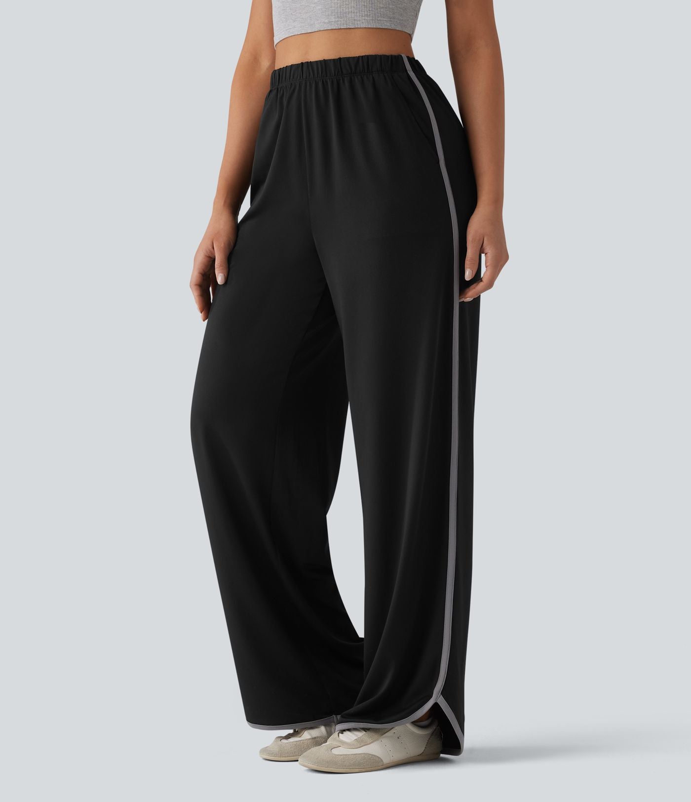 Pantalon large casual color block taille haute à ourlet arrondi avec poches