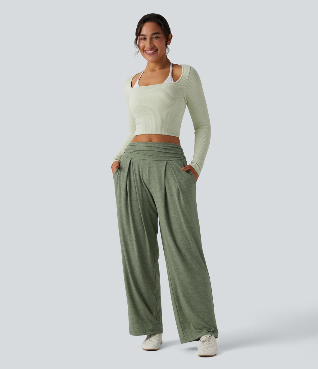 Pantalon de yoga chiné froncé taille haute avec poches