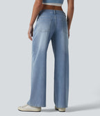 Halara Flex™ Jean Large Casual Taille Basse avec Boutons Zip Multiples Poches Lavés Élastiques et Tricotés