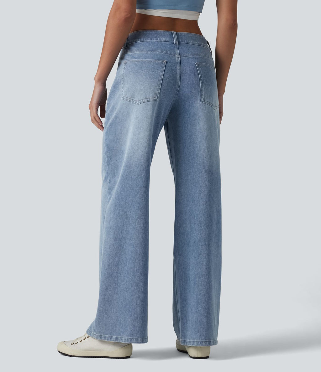 Halara Flex™ Jean Large Casual Taille Basse avec Boutons Zip Multiples Poches Lavés Élastiques et Tricotés