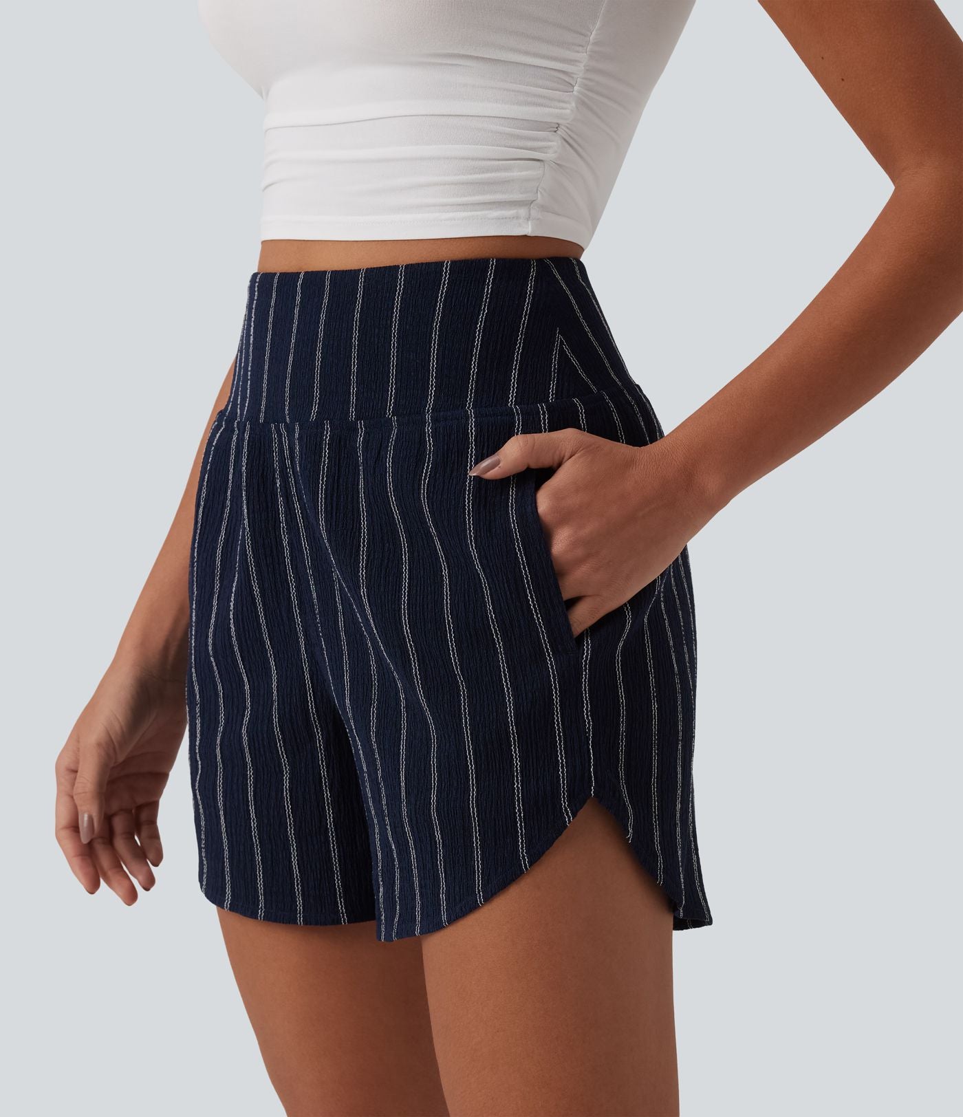 Short casual taille haute ourlet arrondi rayures avec poches
