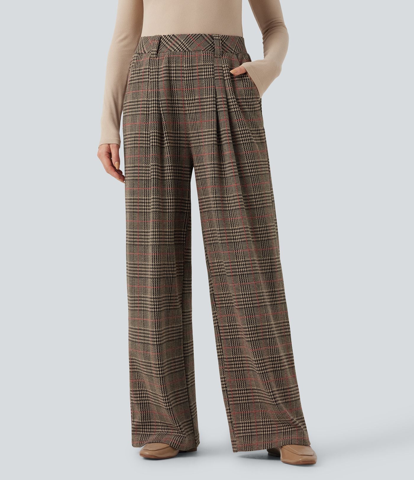 Pantalon taille haute décontracté large à carreaux, avec poches