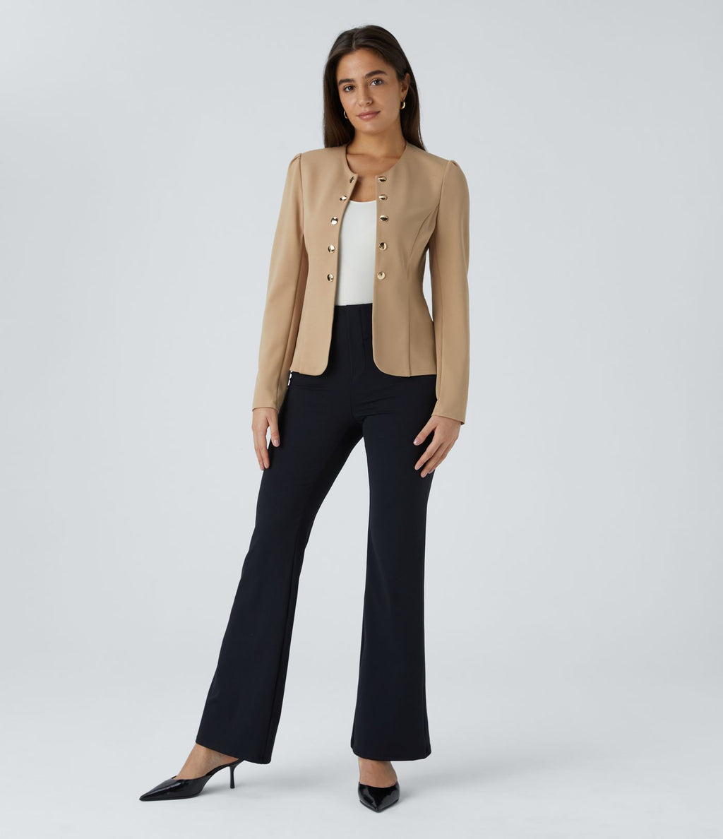 Blazer tailleur ajusté à col rond, manches longues avec boutons décoratifs