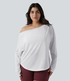 Haut de yoga grande taille asymétrique une épaule dénudée manches longues avec passages pouces, ourlet arrondi high-low et séchage rapide - Brassière intégrée