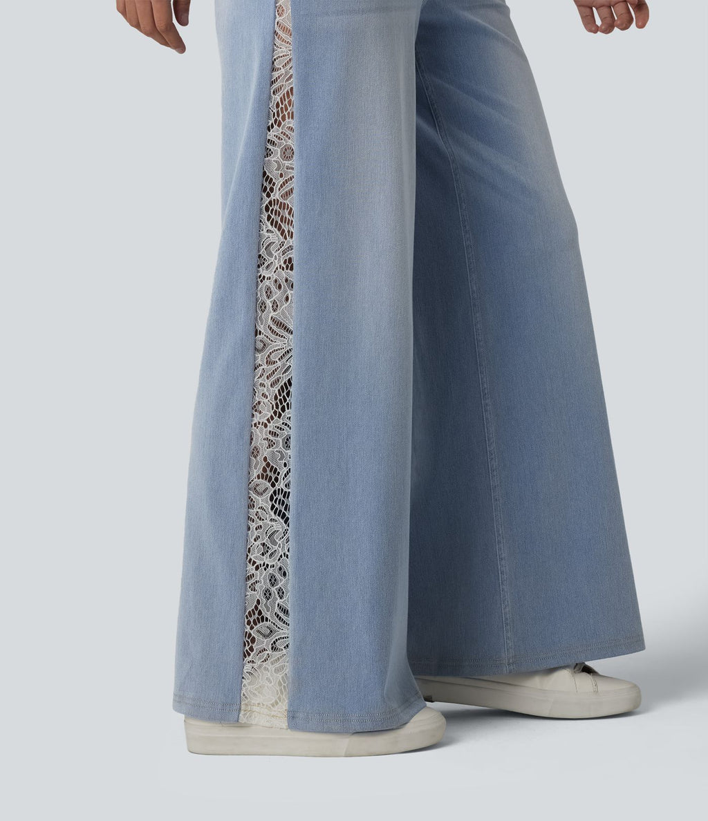 Jean large Halara Flex™ décontracté taille haute avec poches et dentelle contrastée