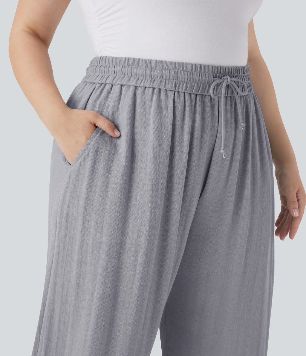 Pantalon décontracté grande taille large fluide taille haute effet lin avec cordon de serrage et poches