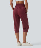 Jogging casual capri à rayures taille haute avec cordon de serrage et poches