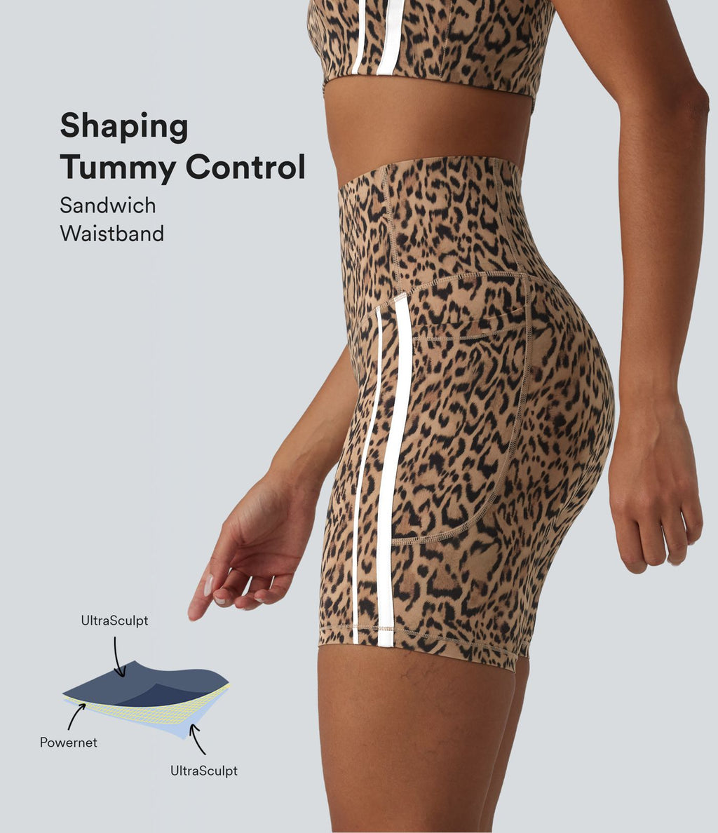 Short cycliste d'entraînement Halara UltraSculpt™ imprimé léopard taille haute ventre plat 17,5 cm color block à rayures avec poches