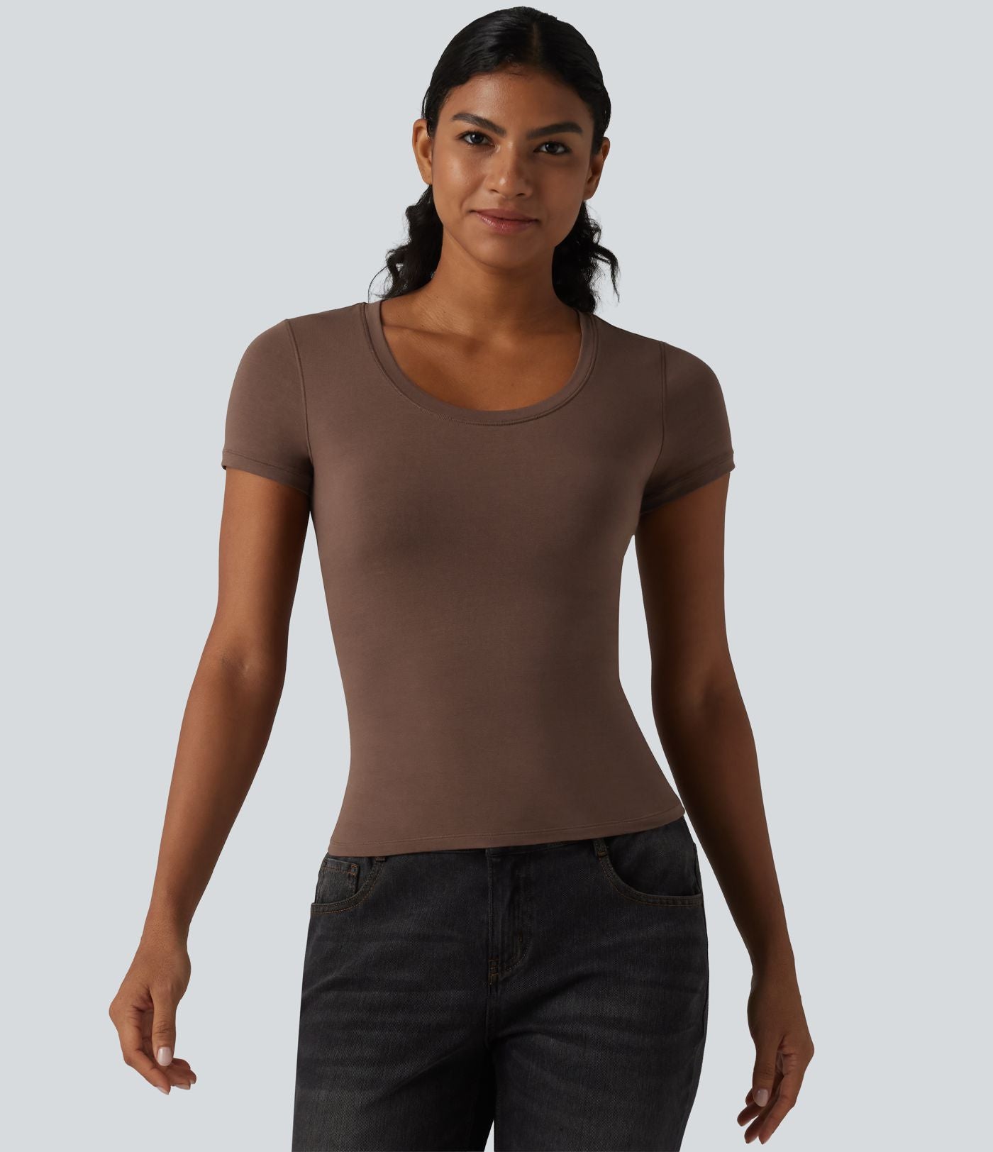 Halara T-shirt en jersey de coton col rond échancré manches courtes avec soutien-gorge intégré bonnets B-DD