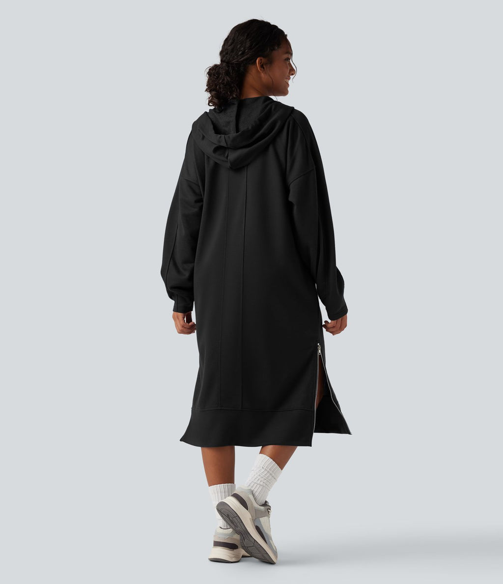 Robe sweat midi à capuche avec cordon de serrage et zip à l'ourlet à manches longues avec poches