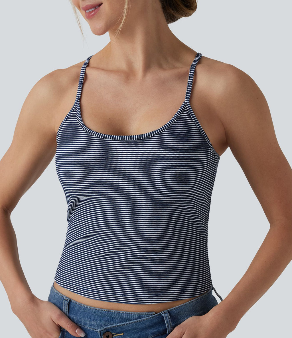 Top débardeur denim décontracté Halara Flex™ col U brassière intégrée rayé