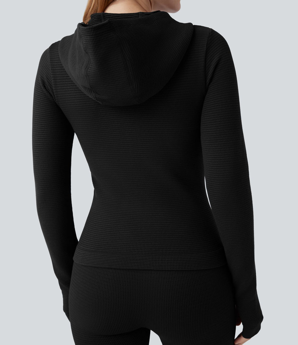 Veste yoga en maille gaufrée à capuche zippée à manches longues avec passants pouces sans couture OneForm Seamless Flow avec poches