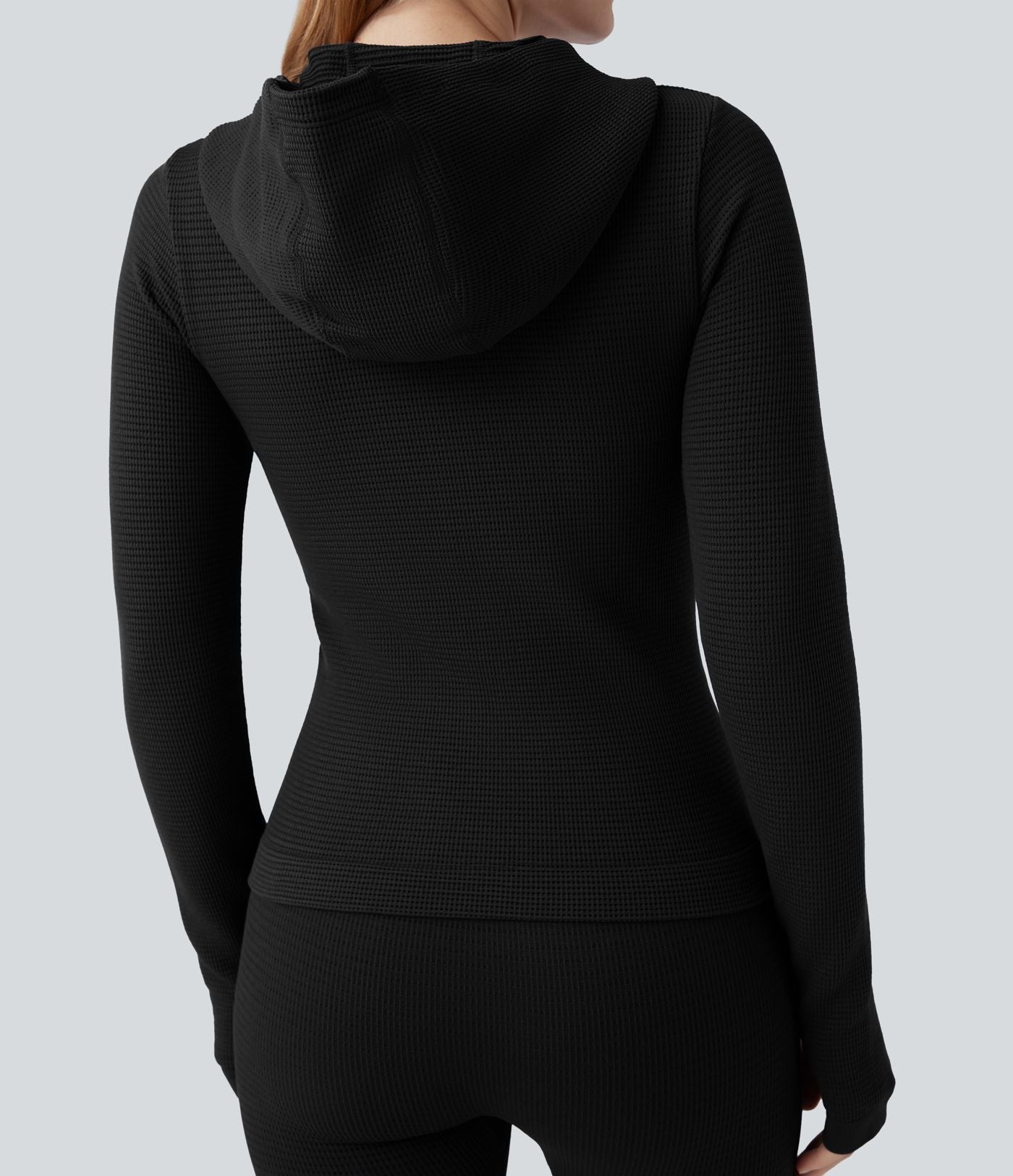 Veste yoga en maille gaufrée à capuche zippée à manches longues avec passants pouces sans couture OneForm Seamless Flow avec poches