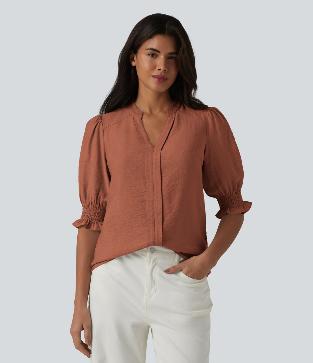 Blouse décontractée à col en V et manches courtes bouffantes